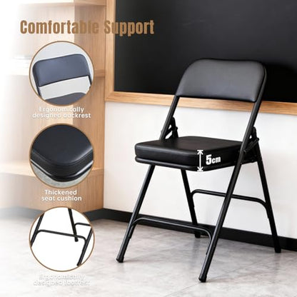Padded Folding Chair Indoor Metal Frame Foldable Chair Black | Comfortable Thick Vinyl Cushion Seat Durable Elegant Upholstered Single Chair for Small Space Home, Office and Events - color: Black