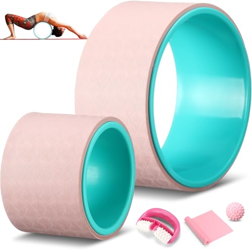 Arrowbash 5-in-1 Pink Yoga Wheel Set Back Stretcher Wheel Deep Tissue Massage Foam Roller Trigger Point Relieve Ball, Resistance Loop Exercise Bands Massage Roller for Deep Tissue Yoga Beginner Gift