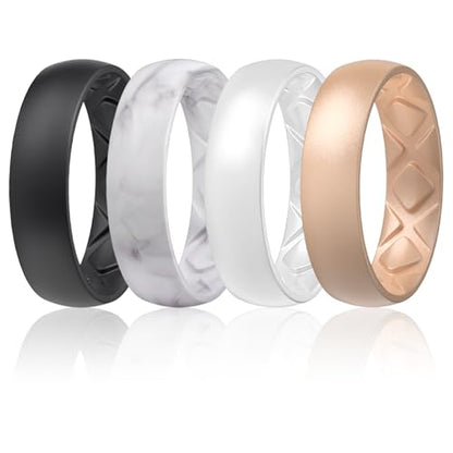 Egnaro Women's Bridal Rings Sets, 6mm Wide, 2mm Thick, Silicone Wedding Rubber Band with Half Size, Inner Arc Ergonomic Breathable Design - color: SETO-Black,Marble,Rose Gold,Pearl, size: 4.5-5