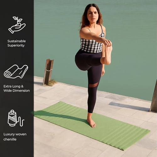 Indian Handmade100 % Organic Anti Skid Multi Colour Cotton Yoga Mat - Eco-Friendly Hand-Woven Rug - Non-Slip & Thick (24”x72”x5mm) for Hot yoga & Everyday Fitness at Home - Comfortable & Foldable Extra-Long Mat - color: Green