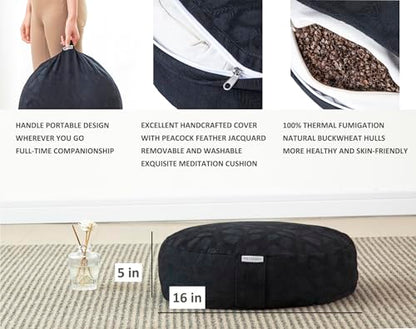 Meditation Cushion, Comfortable Meditation Pillow with Peacock Feather Jacquard Cover. Buckwheat Hull Filled Zafu Floor Pillow 16 * 16 * 5 in - color: Black