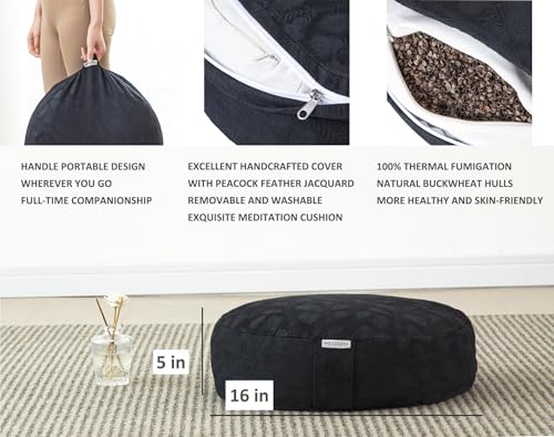 Meditation Cushion, Comfortable Meditation Pillow with Peacock Feather Jacquard Cover. Buckwheat Hull Filled Zafu Floor Pillow 16 * 16 * 5 in - color: Black