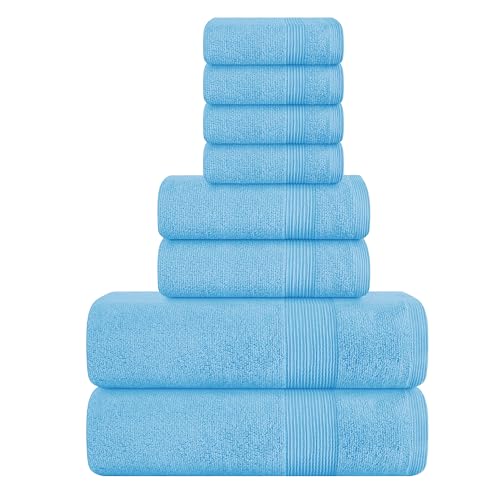 Belizzi Home 8 Piece Towel Set 100% Ring Spun Cotton, 2 Bath Towels 27x54, 2 Hand Towels 16x28 and 4 Washcloths 13x13 - Ultra Soft Highly Absorbent Machine Washable Hotel Spa Quality - Light Blue - color: Light Blue, size: 8 Piece Towel Set