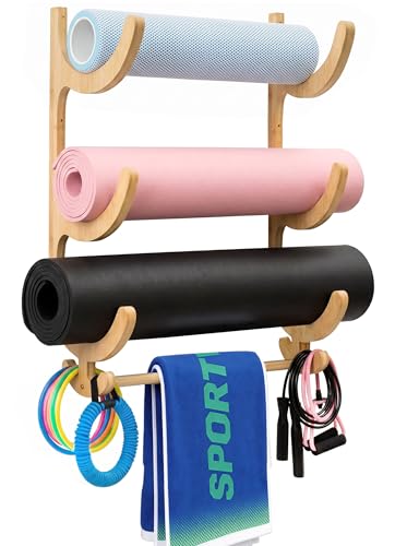 Upgraded 3 Tier Wooden Yoga Mat Rack Wall Mount with Bottom Hanging Bar