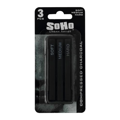 SoHo Urban Artist Compressed Charcoal Sticks, Assorted Pack of 3 - Soft, Medium, and Hard - for Charcoal Drawing and Charcoal Art, Perfect for Artists, Students & Professionals - size: 3 Pack, style: Assorted
