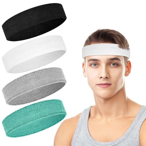 4 Pack Cotton Terry Sweat Headbands for Men Women Running Gym - color: Black/Gray/Sky Blue/White