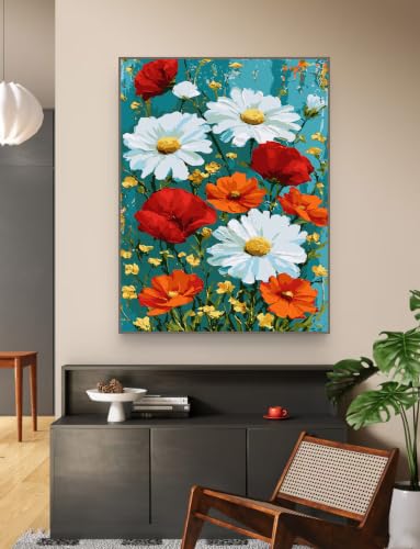 ZRIZQ Paint by Numbers Kit for Adults Beginner Flowers,Daisy,16x20 | Full set with wooden brushes,rolled canvas,rich paints.Calming activity.Beginner friendly.Just open and paint. - color: 16"X20"Rolled Canvas-Daisy Flowers