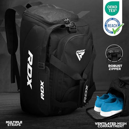 RDX 50L Gym Bag with Ventilated Shoes Compartment, All In One Backpack Duffle Holdall, Fitness Sports MMA Boxing Yoga Swim Gear Sportswear Bag, Weekend Overnight Travel Hiking Rucksack for Men Women - color: Black