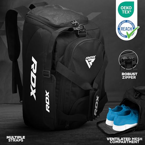 RDX 50L Gym Bag with Ventilated Shoes Compartment, All In One Backpack Duffle Holdall, Fitness Sports MMA Boxing Yoga Swim Gear Sportswear Bag, Weekend Overnight Travel Hiking Rucksack for Men Women - color: Black