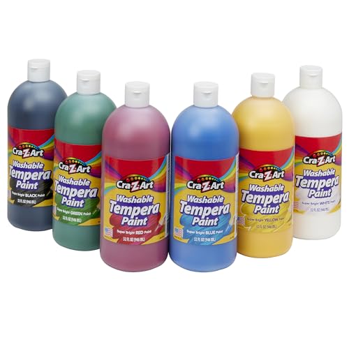 Cra-Z-Art Washable Tempera Paint Bulk Pack 6 Color Set Assorted Colors 32oz each bottle, 6 Super Bright Finger Paint Color, Great Back to School Teacher Supplies