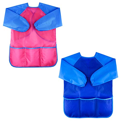 Zkptops 2 Pack Kids Art Smock Colorful Waterproof Children Art Aprons Artist Painting Aprons with Long Sleeve 3 Roomy Pockets for Age 3-7 Years Blue and Pink - color: 2 Pack Blue/Pink