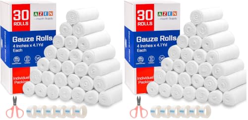 AZEN 60 Pack Gauze Rolls Bandages, 4 in x 4.1 Yards - color: 30p, size: 4IN (Pack of 2)