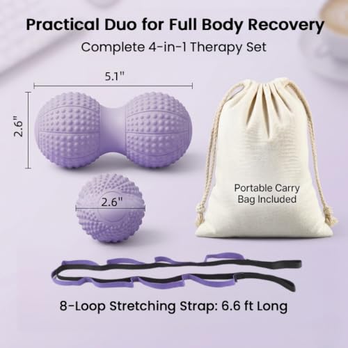 Peanut Massage Ball and Single Ball Set for Myofascial Release, Deep Tissue, Muscle Recovery (Purple) - color: Purple