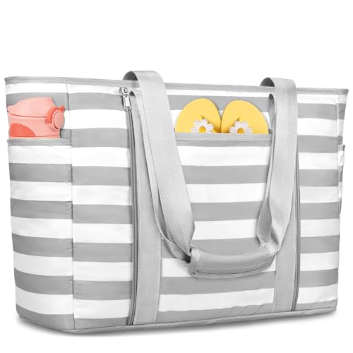 Extra Large Beach Bags for Women, Waterproof Sandproof Beach Tote Bag Foldable Swim Pool Bag with Zipper and Wet Pocket - color: Grey White