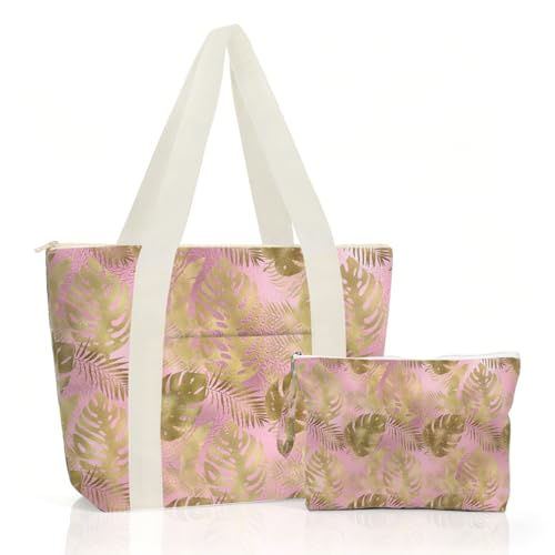 IAXIC Waterproof Tote Bag and Wet Bag Set, Summer Pattern Design for Beach Travel Gym Holiday Gifting - color: Pink Gold Monstera Leaf
