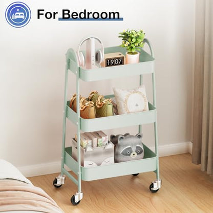 OLIXIS Metal 3 Tiers Rolling Storage Utility Cart with Lockable Wheels - color: Pale Green, size: 3-Tiered 17 inches