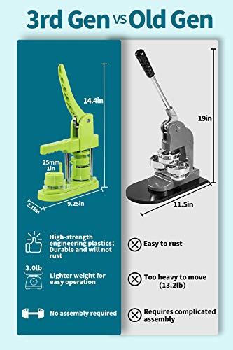 Happizza Button Maker Machine, (3rd Gen) Installation-Free 25mm(1 in) DIY Pin Button Maker Press Machine Kit, Badge Punch Press Machine with Free 500pcs Button Parts&Pictures&Circle Cutter - size: Round - 25 mm