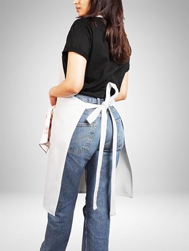 100% Cotton Kitchen Apron with 2 Pockets – Adjustable Chef Apron for Cooking Baking BBQ – Unisex Apron - color: White
