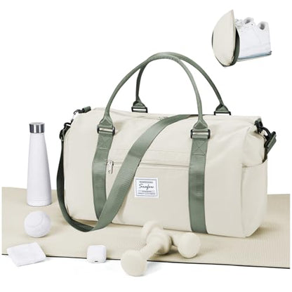 Gym Bags for Women Men with Shoes Compartment,Sports Duffle Bags Personal item travel Duffel Tote Bag Small Carry on Weekender Overnight Bag Workout Dance Bag Hospital Holdalls Beige Green - color: A14-Beige&Green