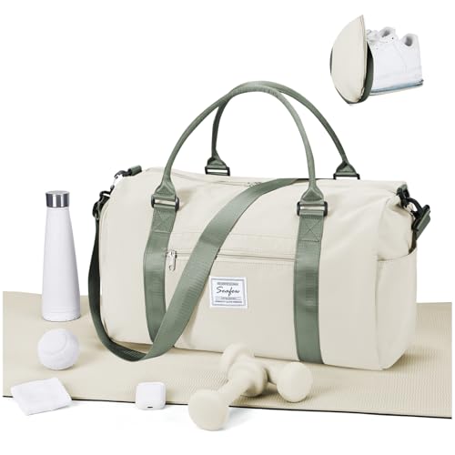 Gym Bags for Women Men with Shoes Compartment,Sports Duffle Bags Personal item travel Duffel Tote Bag Small Carry on Weekender Overnight Bag Workout Dance Bag Hospital Holdalls Beige Green - color: A14-Beige&Green