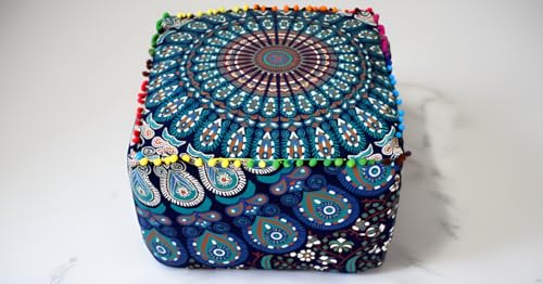 CRAFT KALA Indian Square Patchwork Traditional Pouf Cover Indian Living Room Pom Poufs Cover Decorative Designer Ottoman Home Living Footstool Chair Cover Ottoman Decor 20X20X14 inches, Blue Mirchi - color: Blue Mirchi, size: 20x20x14 inches