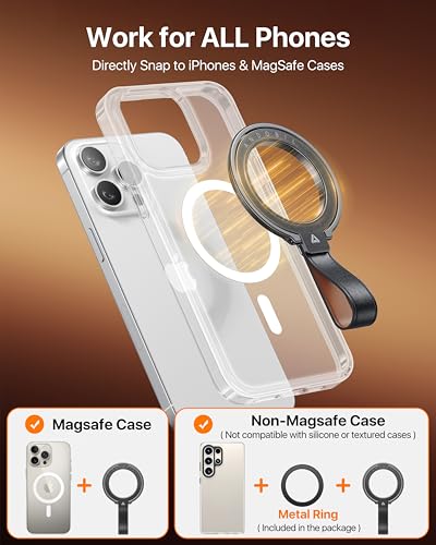 andobil 2026 Premium Leather Magnetic Phone Grip Holder for MagSafe, Stable | [Longest Durable] Adjustable Magnetic Phone Ring Kickstand w/ Leather Loop MagSafe Accessories for iPhone 12-17 Series, Black - color: dark black