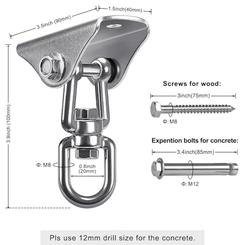 SELEWARE Stainless Steel Swing Hanger Heavy Duty Ceiling Swing Mount 2 Pack | 360° Swivel Swing Hook Swing Hardware Kit for Yoga Swing Hammock Chair Porch Swing Sets Heavy Punching Bag 1000 LB Capacity - color: Silver2 - 360° Swing Hanger ( 2 Pack )