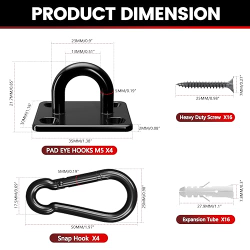 sprookber 304 Stainless Steel Pad Eye Snap Hook, M5 Ceiling Hook 500Lb,8Pcs | Hanging Kit with Screws for Hammock Chair Swing, Yoga Gym Equipment, Sun Shade Sail, Plant Hangers & Marine Boat Hardware - size: 2 Inch, style: Black Square