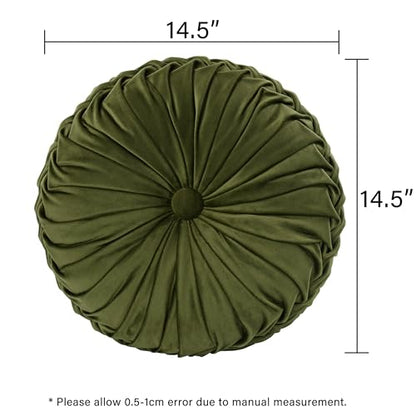 HIG Set of 2 Olive Velvet Decorative Round Pleated Throw Pillows - color: Olive