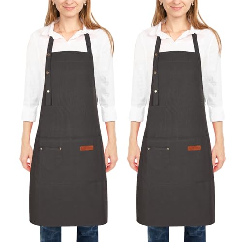 2 Pack Kitchen Cooking Aprons, Adjustable Bib Soft Chef Apron with 2 Pockets for Men Women - color: Deep Grey