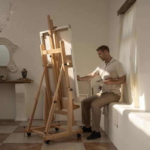 MEEDEN Enlarged Heavy-Duty H-Frame Easel: Artist Solid Beech Wooden Studio Easel - Professional Painting Art Easel Stand with 4 Lockable Wheels & Leveling Bolts - Hold Canvas up to 86" H - color: Natural, size: X-Large