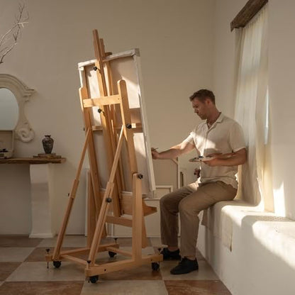 MEEDEN Enlarged Heavy-Duty H-Frame Easel: Artist Solid Beech Wooden Studio Easel - Professional Painting Art Easel Stand with 4 Lockable Wheels & Leveling Bolts - Hold Canvas up to 86" H - color: Natural, size: X-Large