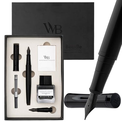 Wordsworth & Black Fountain Pen Gift Set, Medium & Extra Fine Nib,All Black | For Men & Women, Brass Body, 18K German Iridium, Ink Bottle + 6 Cartridges, Converter, Writing & Calligraphy, Journaling - color: All Black