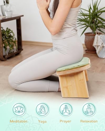 Hihealer Folding Bamboo Meditation Bench with Cushion & Carry Bag – Ergonomic Yoga and Prayer Stool for Comfort and Posture Support (Green) - color: Green