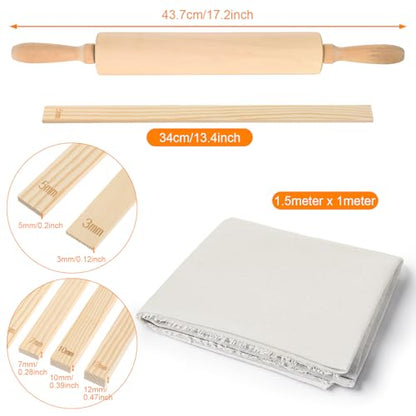 12 Pcs Pottery Tools Kit with Wooden Rolling Pin, 5-Size Rolling Mud Sticks, Linen Tablecloth for Ceramic Clay Art DIY Craft Supplies Sculpting and Teaching