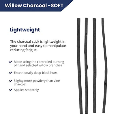 Pacific Arc Large Willow Charcoal Stick 4/Pkg, Soft, Black, Willow Charcoal for Sketching and Drawing - style: Willow Soft | 4 Sticks