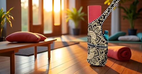 INDIAN CRAFT CASTLE Yoga Mat Bag | Tote Mat Bag | Sling Yoga Tote w/Large Side Pocket & Zipper Pocket | Yoga Mat Carrier Fits Most Size Mats - color: Black Gold