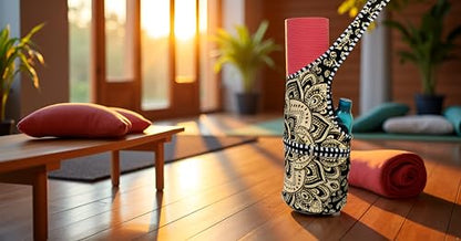 INDIAN CRAFT CASTLE Yoga Mat Bag | Tote Mat Bag | Sling Yoga Tote w/Large Side Pocket & Zipper Pocket | Yoga Mat Carrier Fits Most Size Mats - color: Black Gold