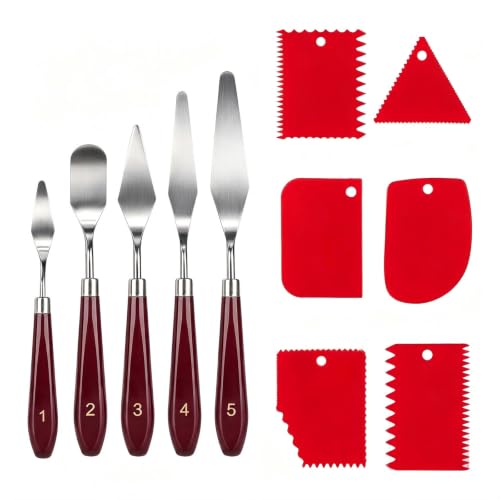 11Pcs Palette Knives Stainless Steel & Plastic Scrapers for Oil Acrylic Art | Stainless steel palette knives, plastic scrapers, 11-piece set flexible blades wood handle oil acrylic painting color mixing