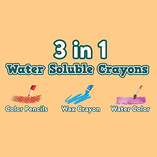 Channie's 3 in 1 Water Soluble Crayons for Kids: Wax Crayons, Color Pencils & Water Color, With Free Paint Brush & Sharpener, Paint on Any Smooth Surface, 12 Color Set