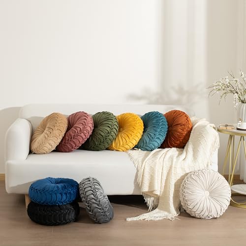 HIG Set of 2 Yellow Velvet Decorative Round Pleated Throw Pillows - color: Yellow