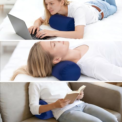 Microbead Bolster Tube Pillows with Double Cover, Squish Bean Bed Microbead Pillow Soft Neck Back Lumbar Support Smooth Cool Touch Comfortable Fabric (Navy Blue) - color: Navy Blue