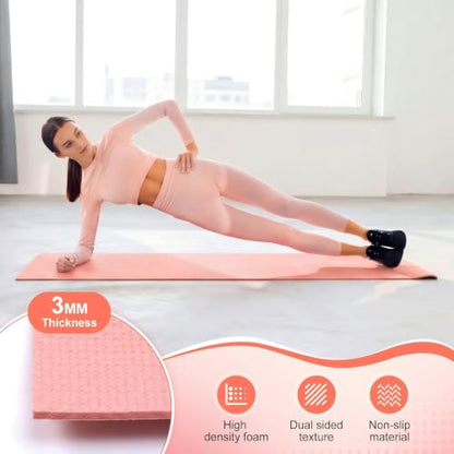Funtery 3 mm Thin Yoga Mats Bulk, 68 x 24 Inches Lightweight PVC Exercise Mats Non Slip Workout Fitness Pads for Yoga Pilates Stretching Classes Gym Home Studio - color: Rose