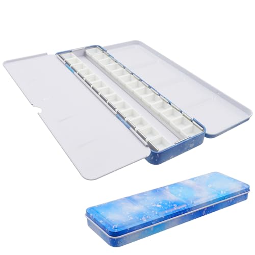Bitray Medium Metal Empty Watercolor Palette 26 Half Pans Travel for DIY | Sturdy Iron丨7.87x2.78x0.75in丨26 Removable Half Pans丨Fold-Out Mixing Palettes丨Thumb Ring丨White & Blue Design丨For Gouache, Oil - color: Blue, size: Medium