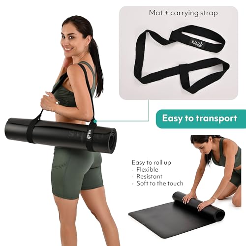 Yoga Mat 5mm Thick – Non Slip Exercise Workout Pad, PU Natural Rubber Grip, Extra Large 183x68 cm, Pilates Fitness Training, Includes Strap & Carry Bag - color: BLACK