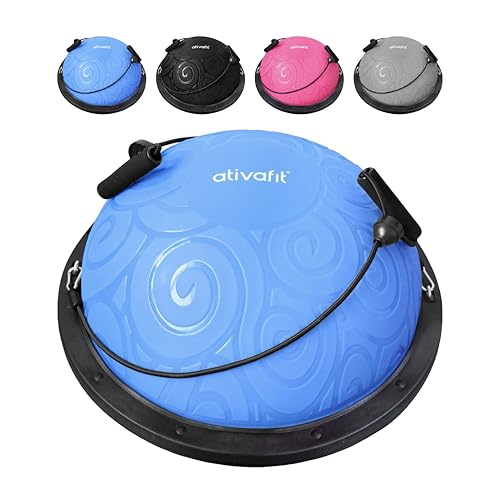 ATIVAFIT Balance Ball Trainer - Half Exercise Ball with Inflation Pump & Resistance Bands - Anti-Burst PVC Stability Trainer for Home Gym, Yoga, Core Training - 660 lbs Capacity - color: Light Blue