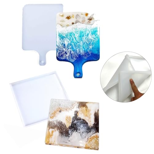 Large Epoxy Resin Mold Kit 2-Piece Set - 13x8-Inch Handle & 10x10-Inch Silicone Tray for DIY Cutting Board Making, Home Decor Crafts, Kitchenware Accessories - Reusable (2 Pack) - color: 2Pack(Rectangular Handle13"+Square10")
