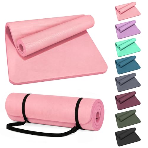 HULKFIT High Density Non Slip Yoga Mat, Extra Thick Exercise Mat with Carrying Strap, for Pilates, Fitness, Home Gym & Floor Workouts - Multiple Thickness & Multiple Color - color: Pearly Pink, size: 71"L x 24"W x 1"Th