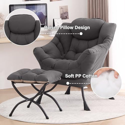 Tiita Lazy Chair with Ottoman, Comfy Reading Accent Chair, Dark Grey | Foldable Footrest, Padded Seat and Backrest, Side Pocket for Lounging in Living Rooms, Bedrooms, Dorms and Small Spaces - color: Dark Grey
