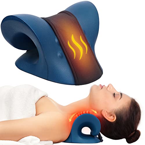 Neck Stretcher for Neck Pain Relief, Heated Cervical Traction Device Pillow with Graphene Heating Pad, Neck and Shoulder Relaxer for TMJ Pain Relief and Cervical Spine Alignment (Dark Blue) - color: Dark Blue